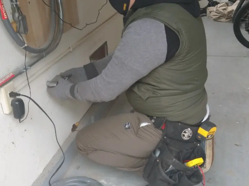 Electrician performing outlet wiring in a Harlem garage